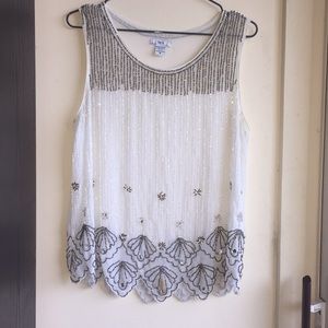 Bar III M art deco embroidered georgette shell